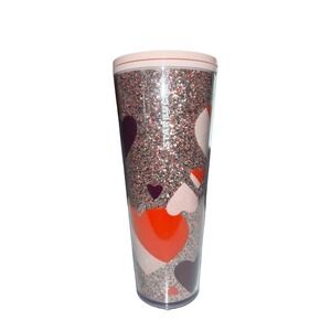 Starbucks 24oz Venti Cold Cup Tumbler Heart‎ Valentine's 2021 Red Pink Glitter